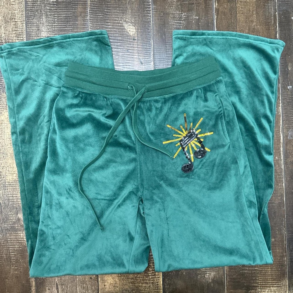 Miss Chievous Dark Green Velvet Music Note Embellished Wide Leg Sweatpants